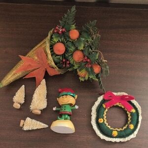 VINTAGE Festive Holiday Decor Set with Elf and Wreath